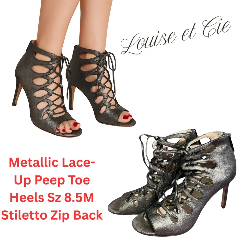 Louise et Cie LO-KACY Metallic Lace-Up Peep Toe Heels 8.5M / 38.5 Zip